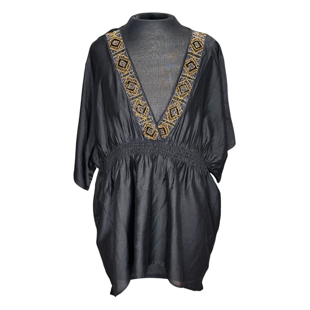 H&M Womens Black Embroidered V-Neck Tunic Size 16 Polyester